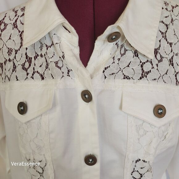 Joan Rivers Button Or Open Front Lace Jacket Blazer White Cotton Blend Medium - Picture 2 of 11